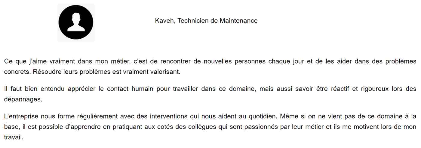 citation de Kaveh, technicien de maintenance